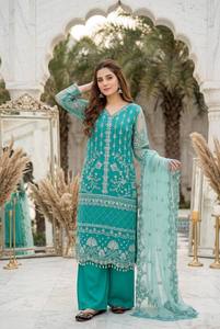 Ensemble Salwar Kameez vert émeraude en tissu net gaufré, coupe ajustée, avec dupatta perlée, idéal pour les mariages indiens/pakistanais et les fêtes. - Product Image 4