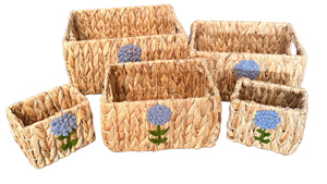 Natural Rattan <b>Storage</b> <b>Basket</b> <b>Rectangle</b> Embroidered Flower Rustic Style Multi Purpose Eco Friendly Organizer - Product Image 3
