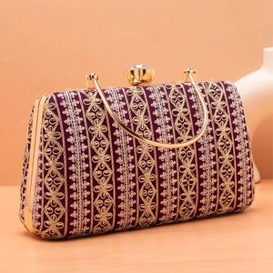 Wine Based White And Golden Threadwork <b>Clutch</b> Elegant Floral Handbag for <b>Wedding</b> and Party Occasions - Product Image 2
