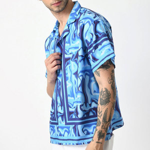 Camisa Hawaiana de Manga Corta para Hombre, Estampado Abstracto Azul, Cuello Camisero, Transpirable, Estilo Vacacional, Verano, Satén Tejido - Product Image 5