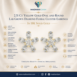 Boucles d'oreilles clous de luxe en or jaune massif 18 carats avec diamants de laboratoire ovales et ronds de 2,31 carats, motif floral en grappe - Product Image 1