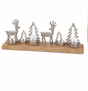 Portavelas Navideño de Aluminio Plateado con Base Rústica de Madera de Mango, para 4 Velas de Té, en Oferta - Product Image 1