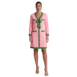Robe en tricot AKA Ponte pour femme, rose avec bordure verte, boutonnée sur le devant, élégante, tenue grecque de sororité, formelle, décontractée, stylée - Product Image 6