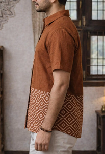 Men Handcrafted Rust Brown Cotton Short Sleeve <b>Shirt</b> with Geometric Ajrakh Block Print Border Summer Wear for Casual Elegance - Product Image 2