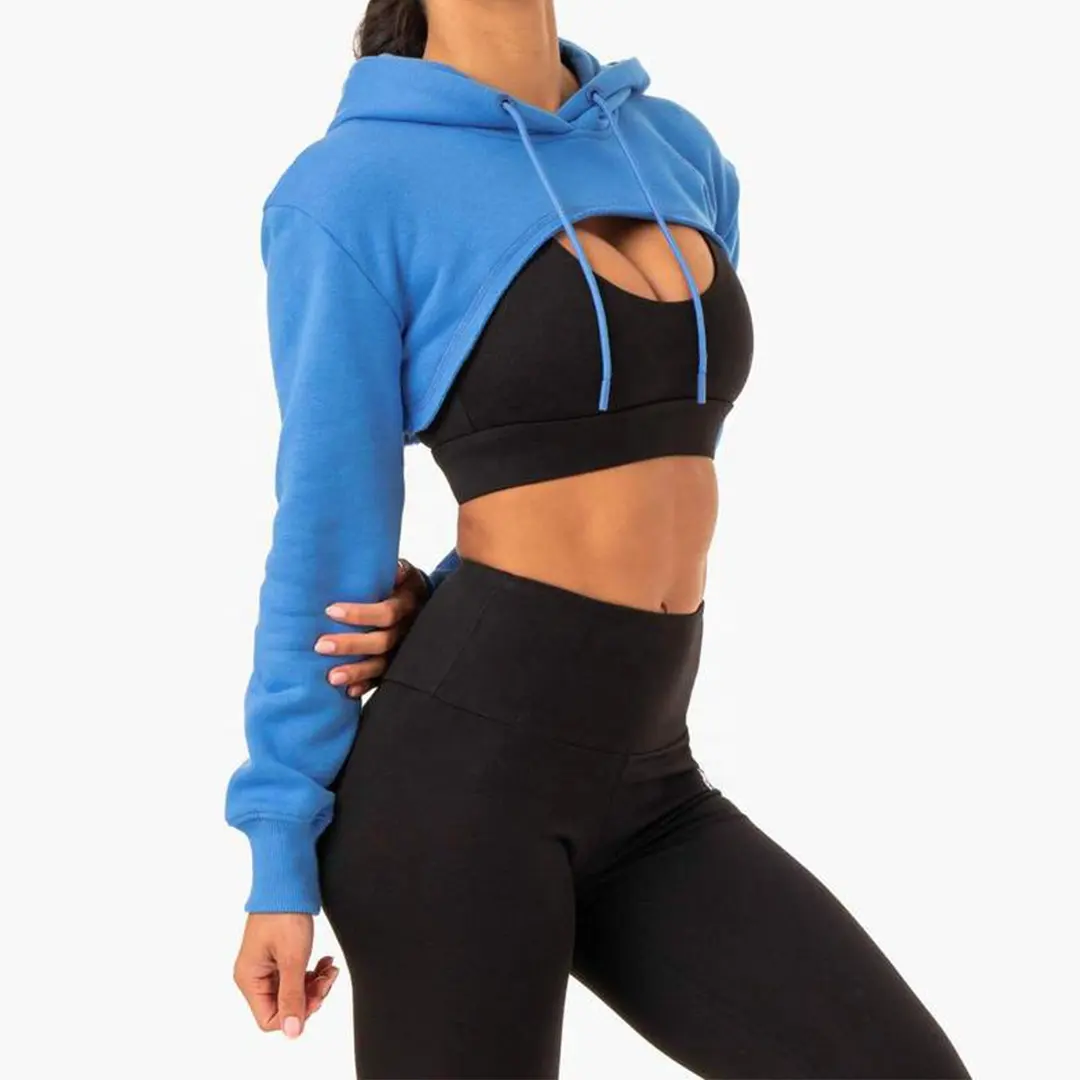 Women Custom Pullover Off Shoulder Dance Shrug Hoodie Full Sleeve Hooded Cropped Sweatshirt Ladies Blank Workout Crop Top Hoodie