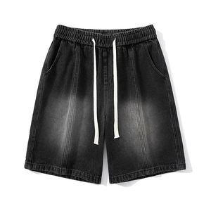 Shorts Bermuda en jean bleu foncé pour homme, taille mi-haute, fermeture boutonnée, style décontracté, couleur unie, tissu en coton, poches, respirant, tissé - Product Image 4