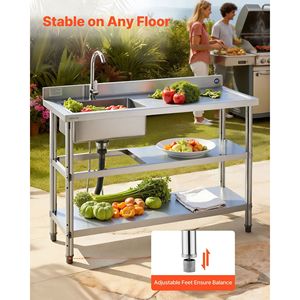 Lavello Commerciale Autoportante a Vasca Singola con Rubinetto da Cucina in Acciaio Inossidabile e Tubi per Acqua Calda e Fredda - Product Image 6