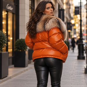 Blouson matelassé coupe-vent en cuir véritable à carreaux orange pour femme, fermeture éclair, col en fourrure de renard, 85 % rembourré, streetwear d'hiver - Product Image 4
