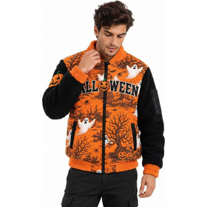 <b>Men's</b> Halloween <b>Sherpa</b> <b>Fleece</b> Bomber Jacket Orange Black Ghost Pumpkin Print Zipper Stand Collar Casual Autumn Warm Coat - Product Image 5