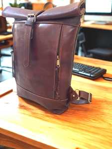 Grey Genuine Leather <b>Backpack</b> with Brown Leather Roll Top <b>Backpack</b> Bags Strap Buckle Business Casual Design Compartment <b>Backpack</b> - Product Image 2