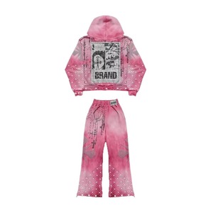 BRAND Pink Printed Hooded Sweatshirt <b>Set</b> Men Streetwear <b>Knitted</b> Polyester Spring Casual Outfit - Product Image 2