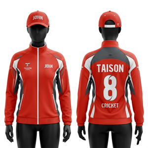 Women Cricket Training Jacket 290 GSM Premium Poly <b>Fleece</b> Red <b>Black</b> White Contrast Panels Sublimated Custom Logo Sportswear - Product Image 1