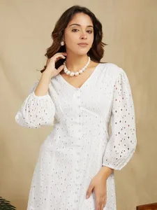 White V-Neck Eyelet Embroidery Midi <b>Dress</b> With Puff Sleeves A-Line Loose Fit Cotton <b>Vintage</b> Style Summer Casual <b>Dress</b> <b>For</b> <b>Women</b> - Product Image 1