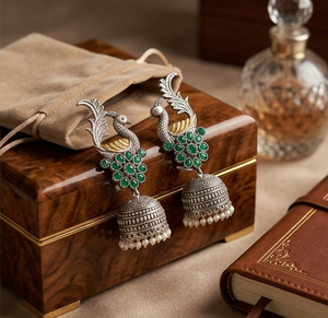 Boucles d'oreilles Jhumka classiques DIVYORO en laiton émeraude paon pour soirée - Product Image 2