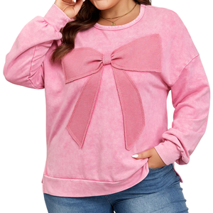 Sweat-shirt patchwork grande taille pour femme, doux et confortable, manches longues, décontracté, coupe ample, détail nœud, couleurs personnalisées, vente en gros OEM ODM - Product Image 1