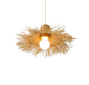 Natural Rattan Lampshade Handwoven Fringed <b>Seagrass</b> Pendant <b>Light</b> <b>Shade</b> Luxury Shaggy Wicker Hanging Lamp Cover for Restaurant - Product Image 2