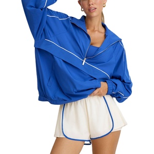 Ensemble de survêtement sportif asymétrique bleu pour femme avec fermeture éclair, manches longues, coupe ample, deux pièces, tenue athlétique printemps-été - Product Image 1