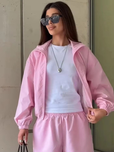 Women's <b>Pink</b> Two-Piece <b>Tracksuit</b> Set Full Sleeve Zipper Sporty Shorts Outfit Spring Summer Loose Fit Solid Color Woven Polyester - Product Image 2