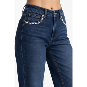 Jeans de Cintura Alta para Mujer, Estilo Boyfriend, con Adorno de Perlas en el Bolsillo, Color Índigo, Tallas Grandes Disponibles - Product Image 4