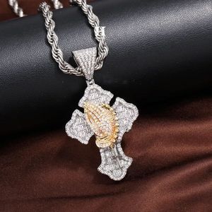 Two Tone Praying Hands Cross Pendant Hip Hop Iced Out Baguette Diamond Crucifix <b>Charm</b> Men Sterling <b>Silver</b> Gold Bling jewelery - Product Image 3