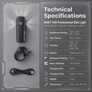Lumière avant de vélo 500LM, type C rechargeable, LED 2000mAh, résistante à l'eau, accessoires de vélo - Product Image 6