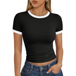 Trendy 2025 Y2K Top corto para mujer Top CORTO BÁSICO con cuello redondo y camisa de manga corta de bloque de color ajustada para el verano - Product Image 1