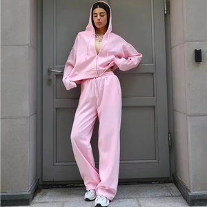 Oem Odm Womens Cotton Loungewear Set French Terry <b>Zipper</b> <b>Sweatshirt</b> Wide Leg Sweatpants Soft Casual Tracksuit for Casual - Product Image 4