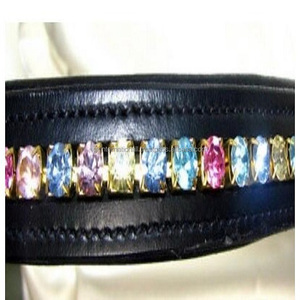 Correa de cuero para cejas de caballo, banda en cuero negro y marrón con cristales multicolor ostentosos grandes, hecha a medida, forma recta, canal vacío - Product Image 6