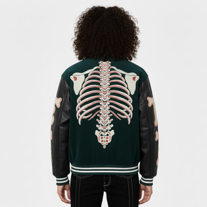 Custom Unisex Forest Green Skeleton Varsity <b>Jacket</b> Black Faux Leather Sleeves Rib Cage Bone Graphic Snap Button <b>Gothic</b> By SHH - Product Image 4