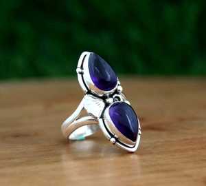 Anillo de Amatista Natural al por Mayor, Plata de Ley 925, Estilo Vintage del Suroeste, con Dos Piedras en Forma de Lágrima y Pera, con Concha y Gema - Product Image 6
