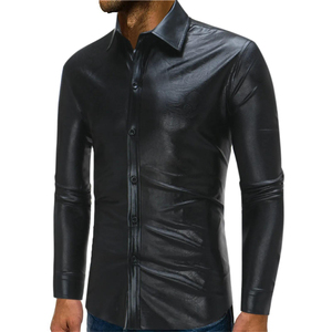 Men's Black PU Leather Long Sleeve Dress <b>Shirt</b> Solid Color Turn-down Collar Formal Style Autumn Wear - Product Image 1