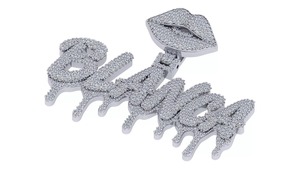14K White Gold Blanca Drip Letter Iced Out Pendant With Lips Charm Hip Hop Style Round Brilliant Cut <b>Diamond</b> <b>Jewelry</b> - Product Image 3