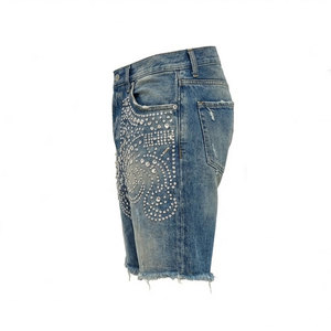 Streetwear Custom Baggy Vintage Wash Straight Leg Distressed Rhinestone <b>Jeans</b> Denim Shorts Jorts for <b>Men</b> - Product Image 6