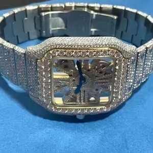 Iced <b>Skeleton</b> Quartz <b>Watch</b> Full Pave CZ Stainless Steel Square Dial <b>Men's</b> Fashion Wristwatch - Product Image 1