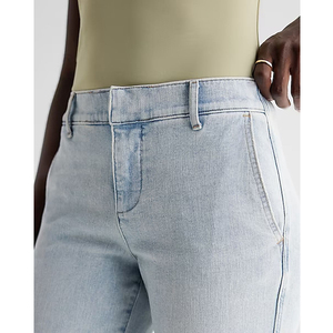 Pantalones de mezclilla para mujer con parches bordados, botones, estilo recto, transpirables, de cintura alta, informales, de algodón, para uso diario. - Product Image 4