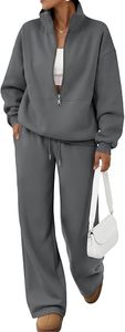 Ensemble de détente 2 pièces en polaire pour femme, gris uni, avec fermeture éclair et cordon de serrage, décontracté, toutes saisons, manches longues, coupe ample, sweat-shirt et pantalon - Product Image 5