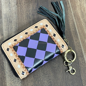 Premium 2025 Checkered Tooled Leather Mini Zipper Wallet Coin Purse With <b>Tassel</b> Keychain Genuine Leather Card holder <b>For</b> Ladies - Product Image 4