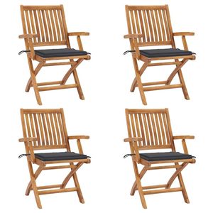 Set di 4 sedie da giardino in teak, pieghevoli, in legno, con cuscini neri, per patio, terrazza, stile rustico - Product Image 1