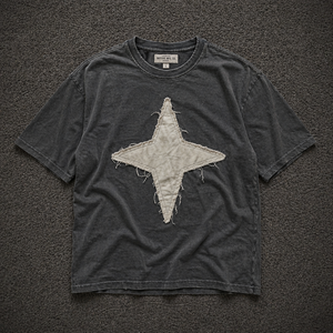 Camiseta Negra Deslavada con Efecto Ácido para Hombre, Estilo Y2K Grunge, Algodón Grueso, Hombros Caídos, Parche de Estrella Cosido, Camisetas Oversize - Product Image 5