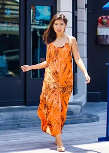 Women’s Orange Tie Dye Rayon Maxi Dress Sleeveless <b>Spaghetti</b> <b>Strap</b> Neck Bohemian Flowy Long Beachwear Dress - Product Image 4