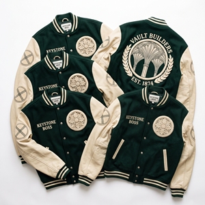 OEM Custom Varsity Letterman Jacket Wool Leather Sleeves Vault <b>Builders</b> Arch Embroidery Keystone Boss Patch Green Coat - Product Image 1