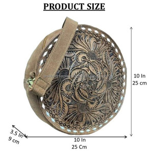 Bolsos de mano florales redondos de mujer personalizados al por mayor bolsos de hombro cruzados de piel de vaca mecanizados a mano con cierre de cremallera - Product Image 2