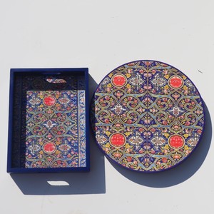 Lazy Susan de Cerámica Hecha a Mano, Redonda, con Diseño Floral Oriental Pintado a Mano, Motivo de Plantas en Azul, Rojo y Amarillo - Product Image 3