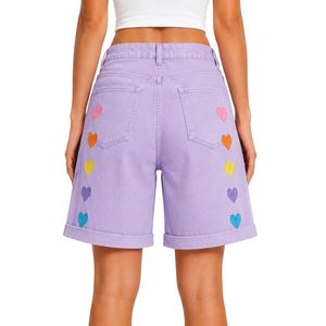 Shorts de Mezclilla para Mujer, Bordados con Corazón Arcoíris Morado Lavanda, Cintura Alta, Corte Holgado Informal, Dobladillo Enrollado, Algodón, Jeans de Moda de Verano - Product Image 2