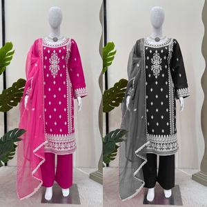 Salwar Kameez pour femmes en soie semi-chinon lourdement brodé, élégant, indien pakistanais, pour mariage, vêtement à séchage rapide, doublure en soie romaine - Product Image 5
