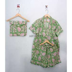 Conjunto de Pijama Corto de Algodón para Mujer, Cómodo, Transpirable, Ligero, con Botones de Encaje, Estampado a Mano Indio, para Verano - Product Image 6