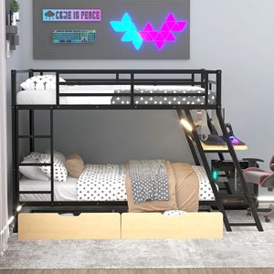 Lit superposé en métal noir pleine taille avec bureau intégré et éclairage, 2 tiroirs - Product Image 3