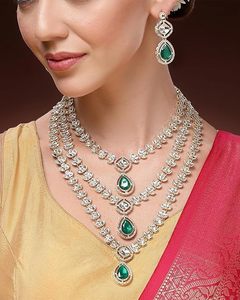Classic Blue Zinc Plated Layered Long Necklace Earring & Headpiece Set Imitation Pearl Pear Cut Stones for Women Wedding Jewelry - Product Image 3