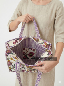 Bolso Tote de Lona Acolchado, Ligero, de Gran Capacidad, Personalizado OEM, con Estampado Floral, Estilo Kantha, con Bolsillo Interior, para Fin de Semana, Verano - Product Image 2