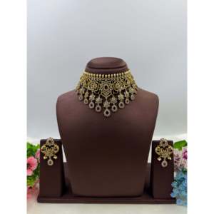 Indian Ethnic Alka Traditional Gold Plated Zircon Choker Necklace & Earring Set for Bridal - Product Image 6